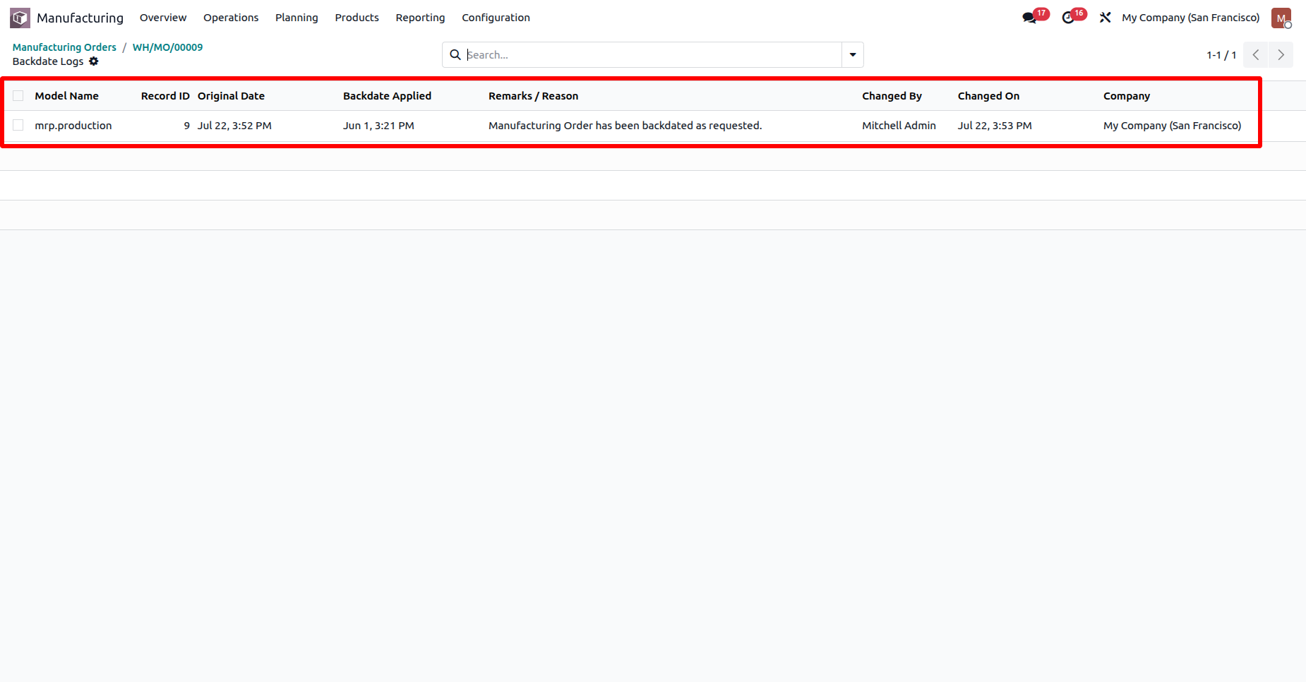 Odoo MRP Backdate Logs history