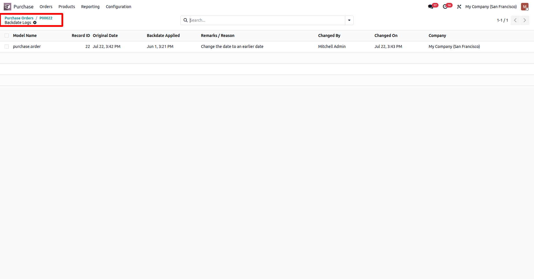 Odoo Purchase Order Backdate Logs