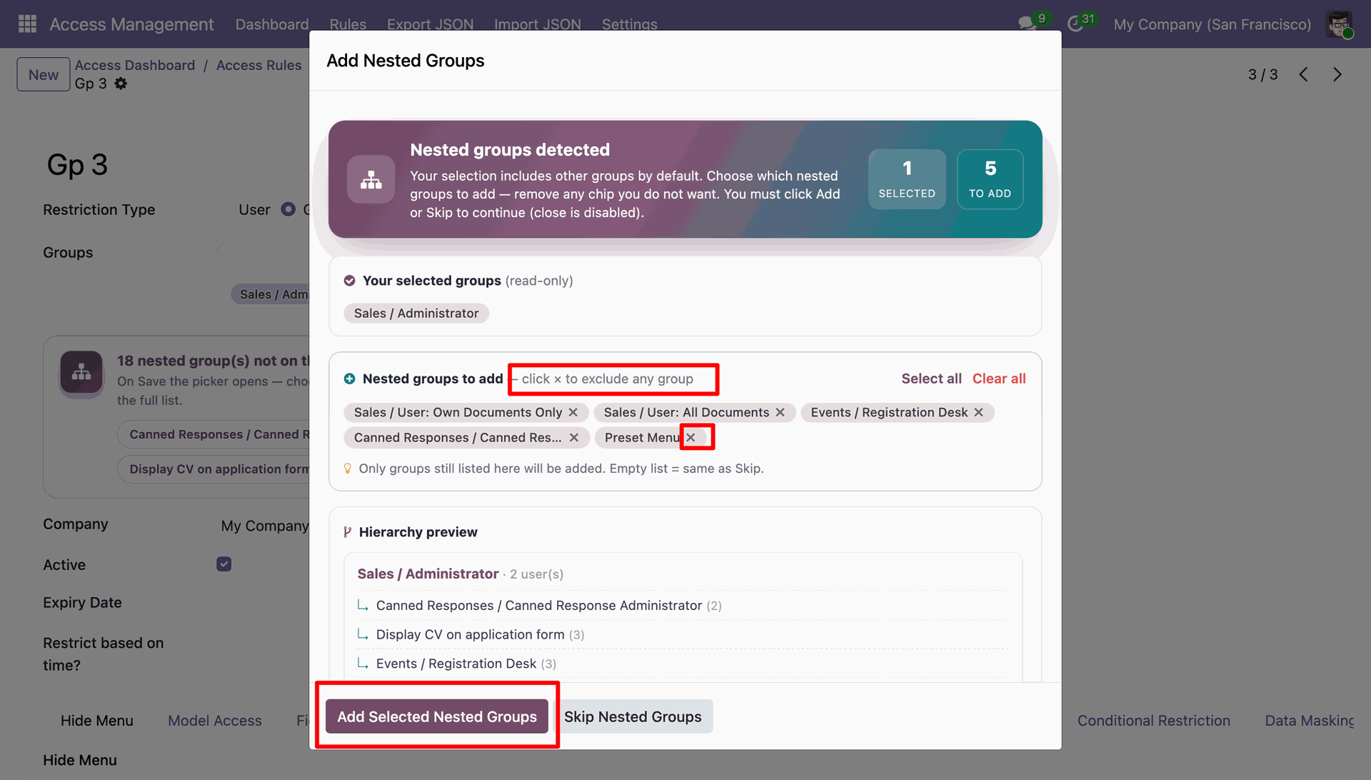 Remove Individual group and add Selected Group to the Access Rules