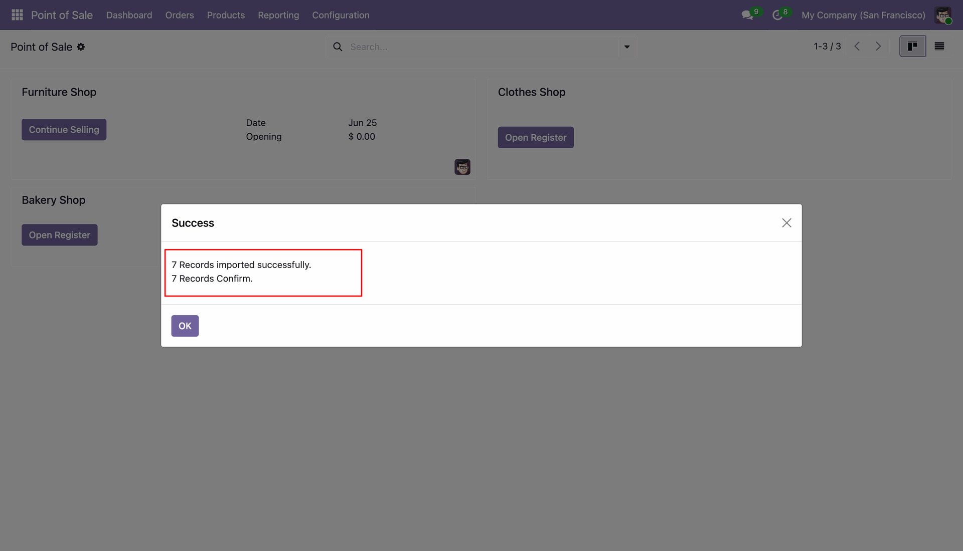 Success message after import
