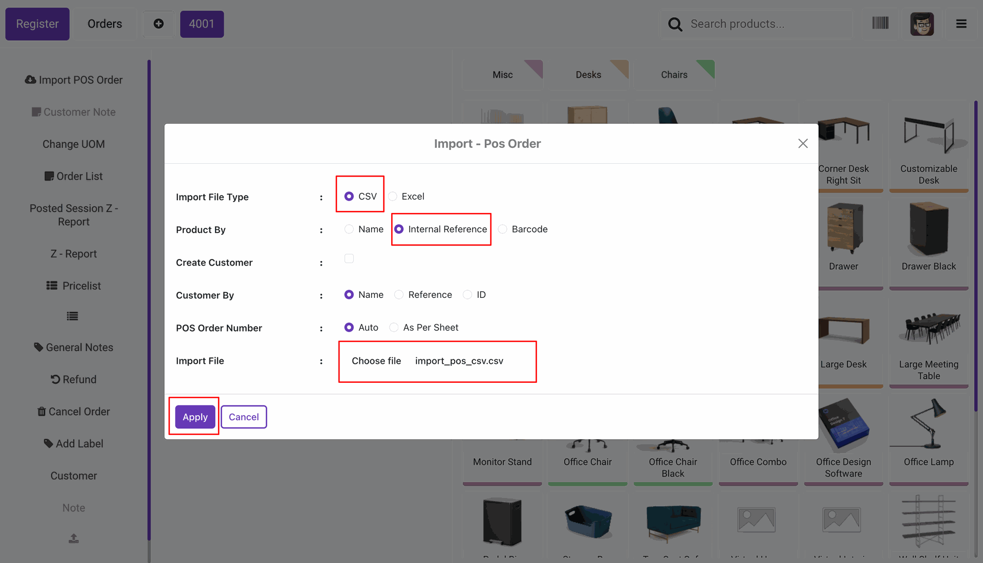 Import POS Order wizard Select CSV