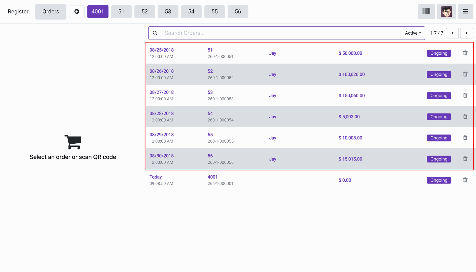 List view of imported orders
