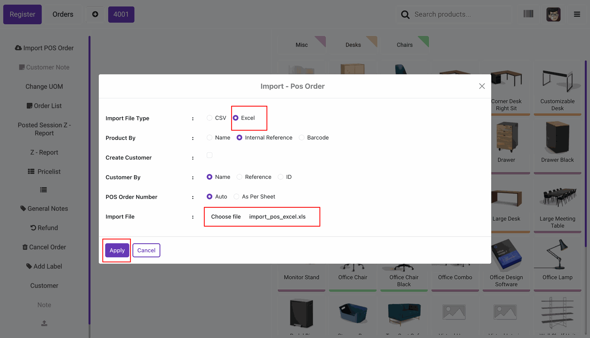 Import POS Order wizard Select Excel