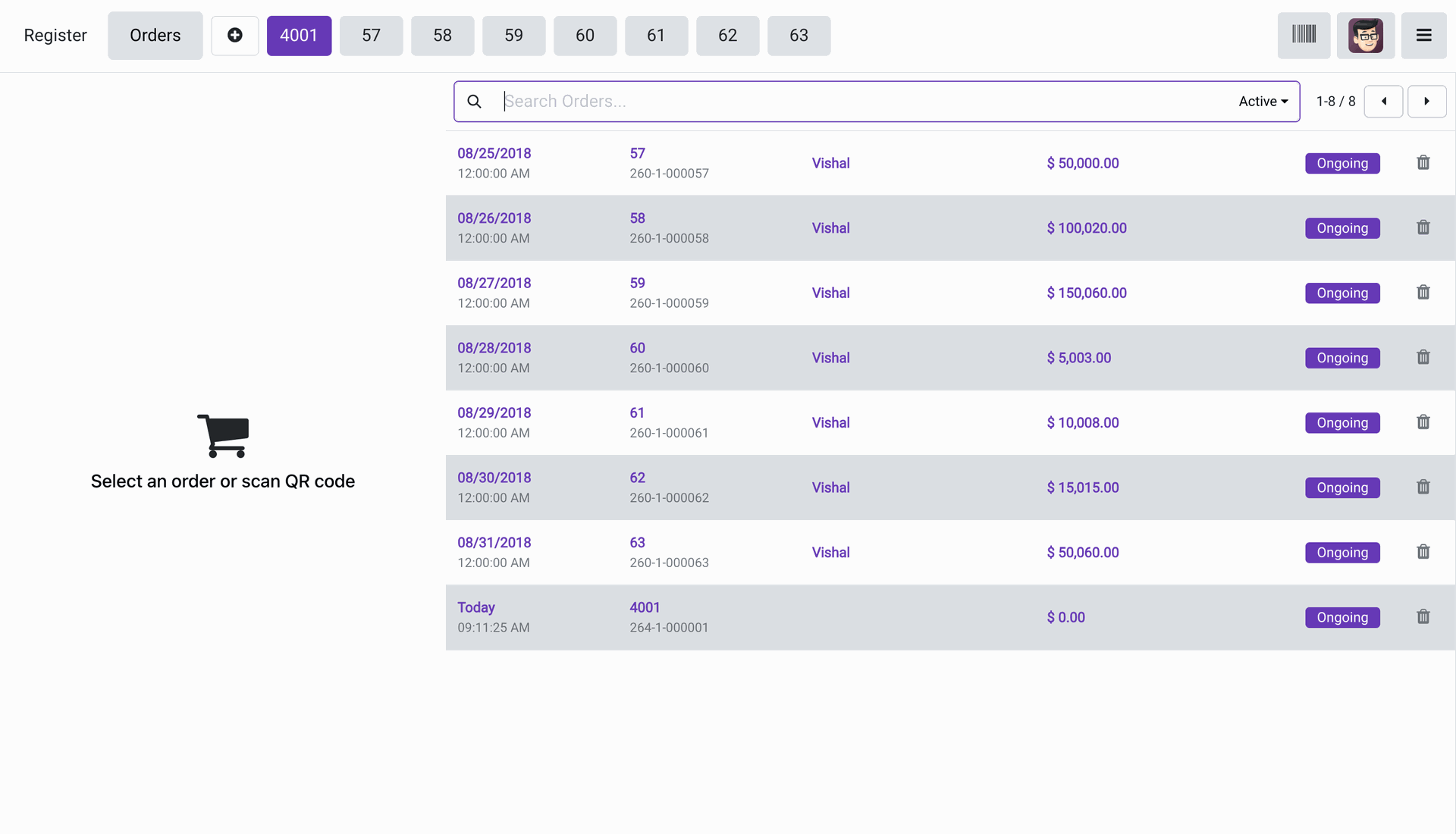 List view of imported orders