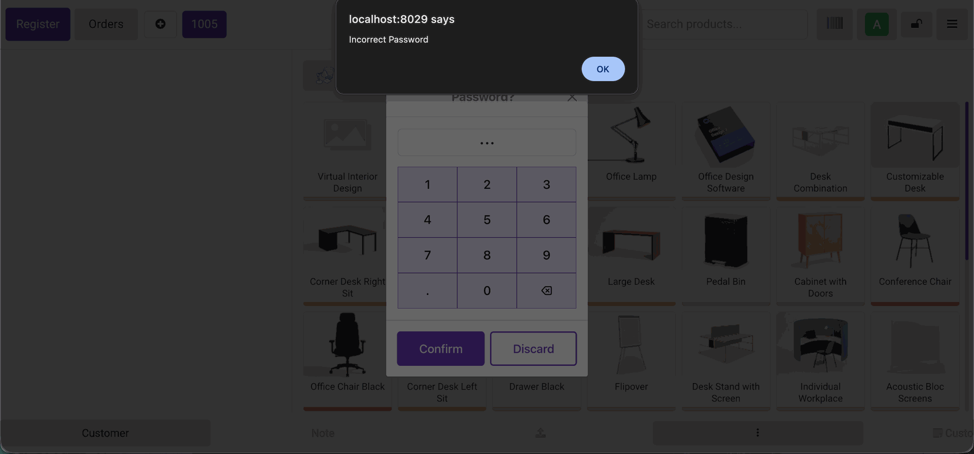 Incorrect PIN warning in POS