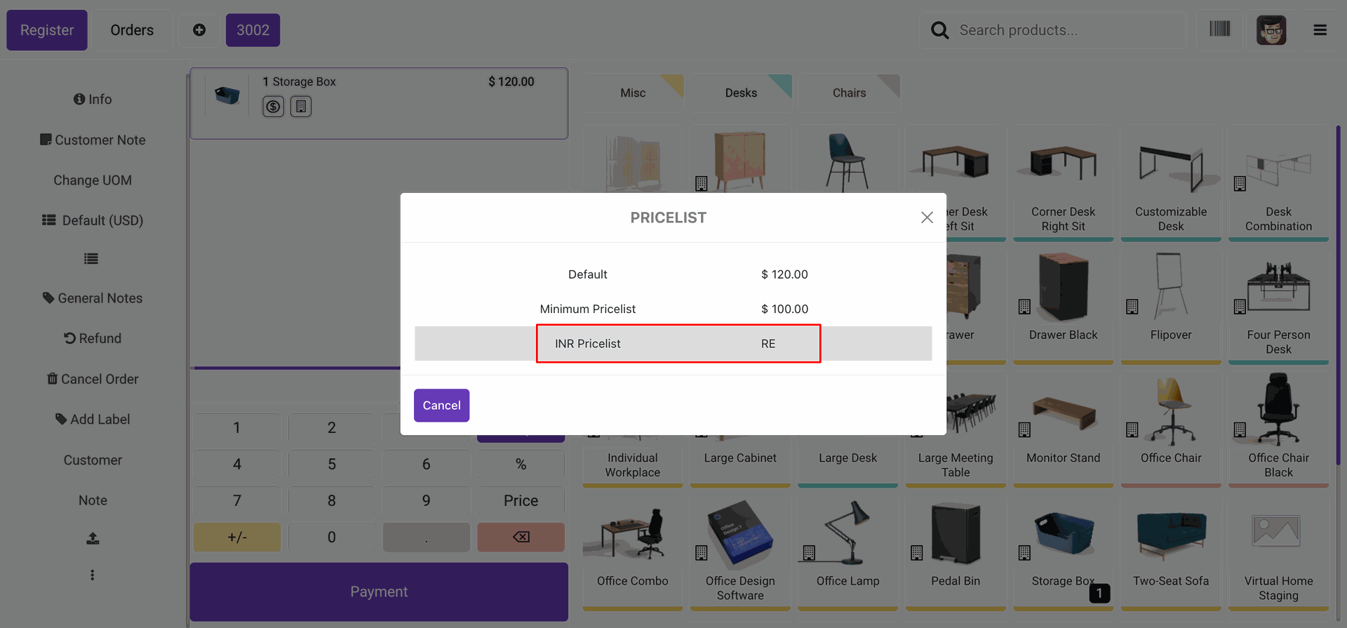 Code pricelist shown in popup