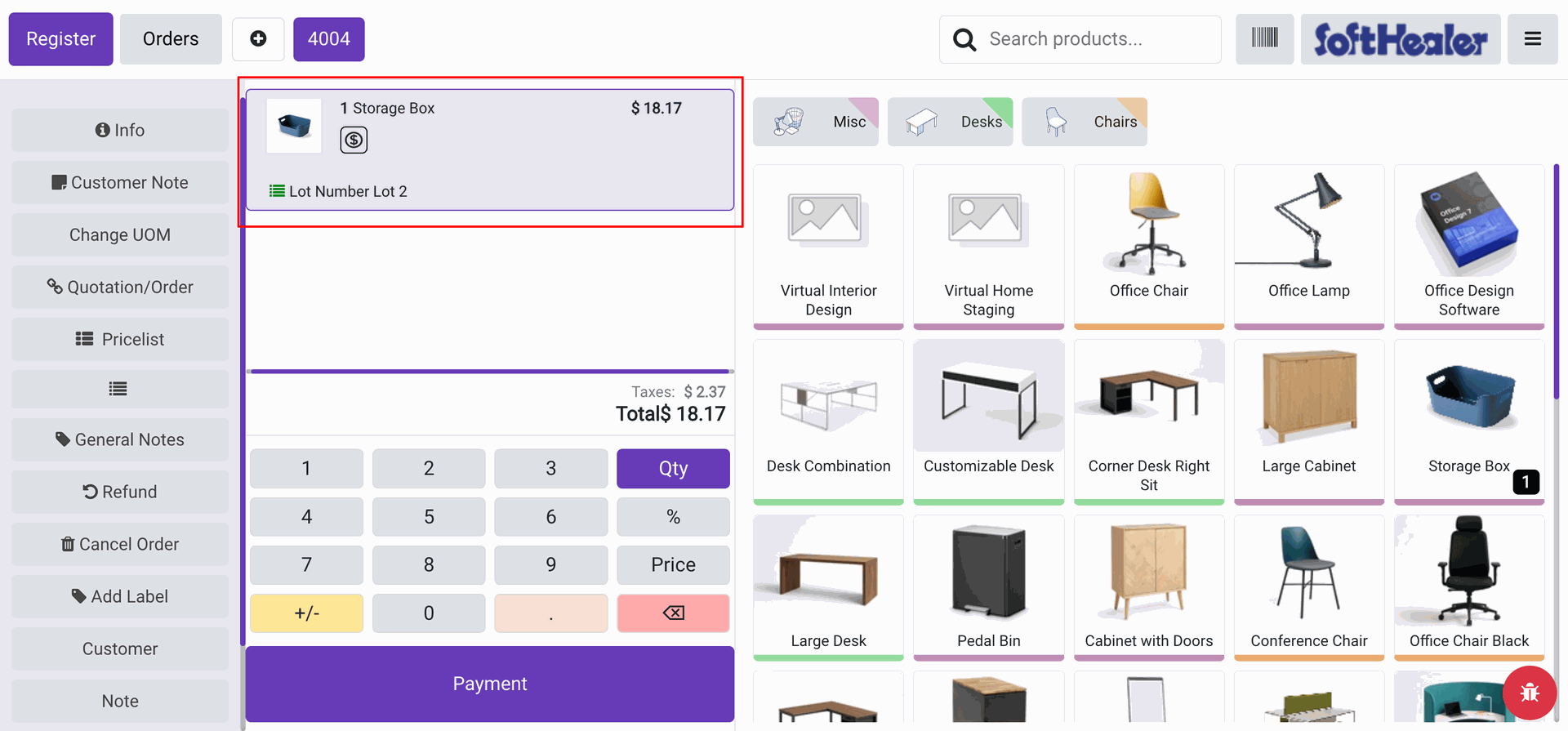 Product displayed with lot number in cart