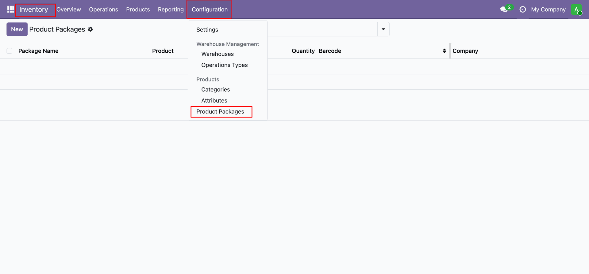 Open Product Packages menu 