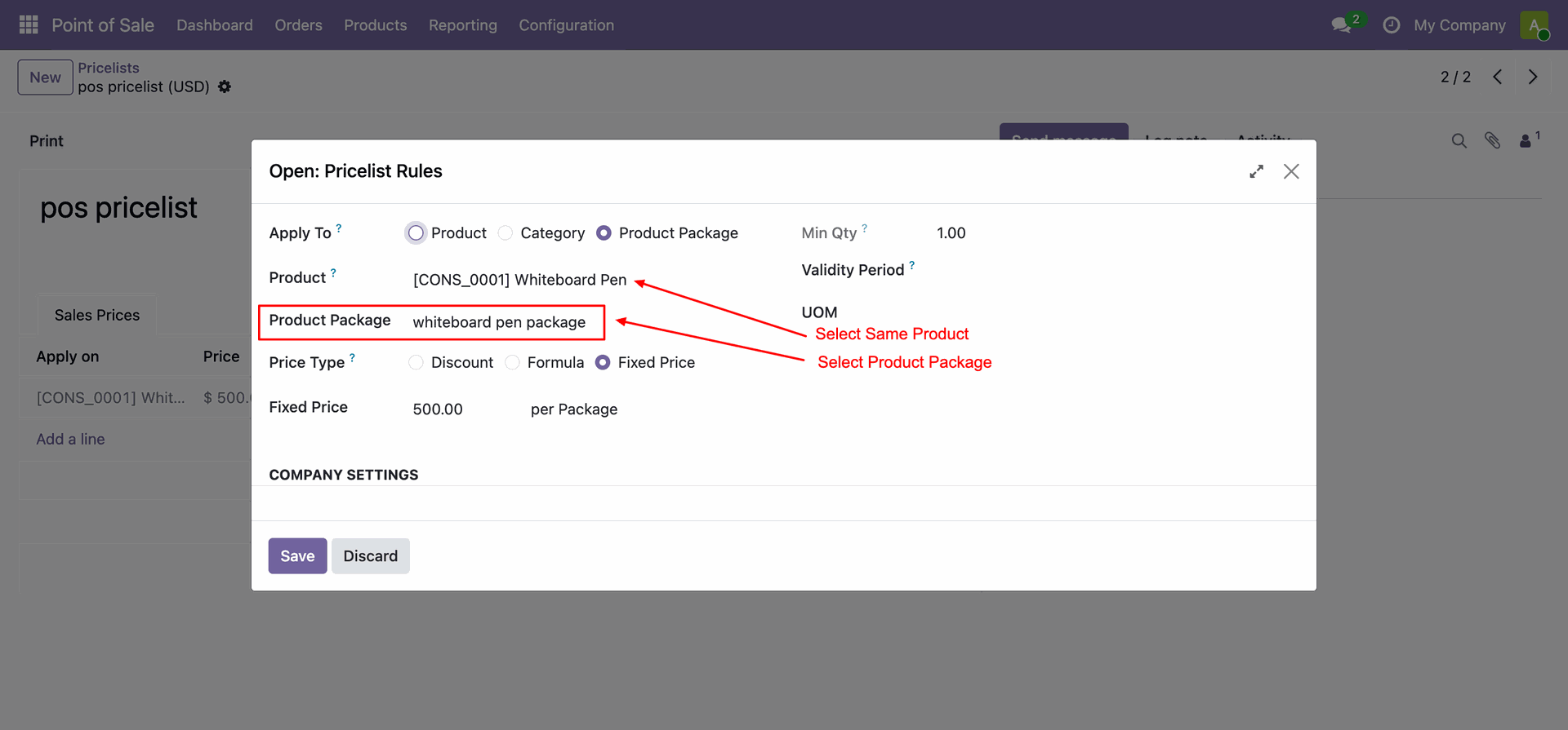 Configure pricelist rule for product package