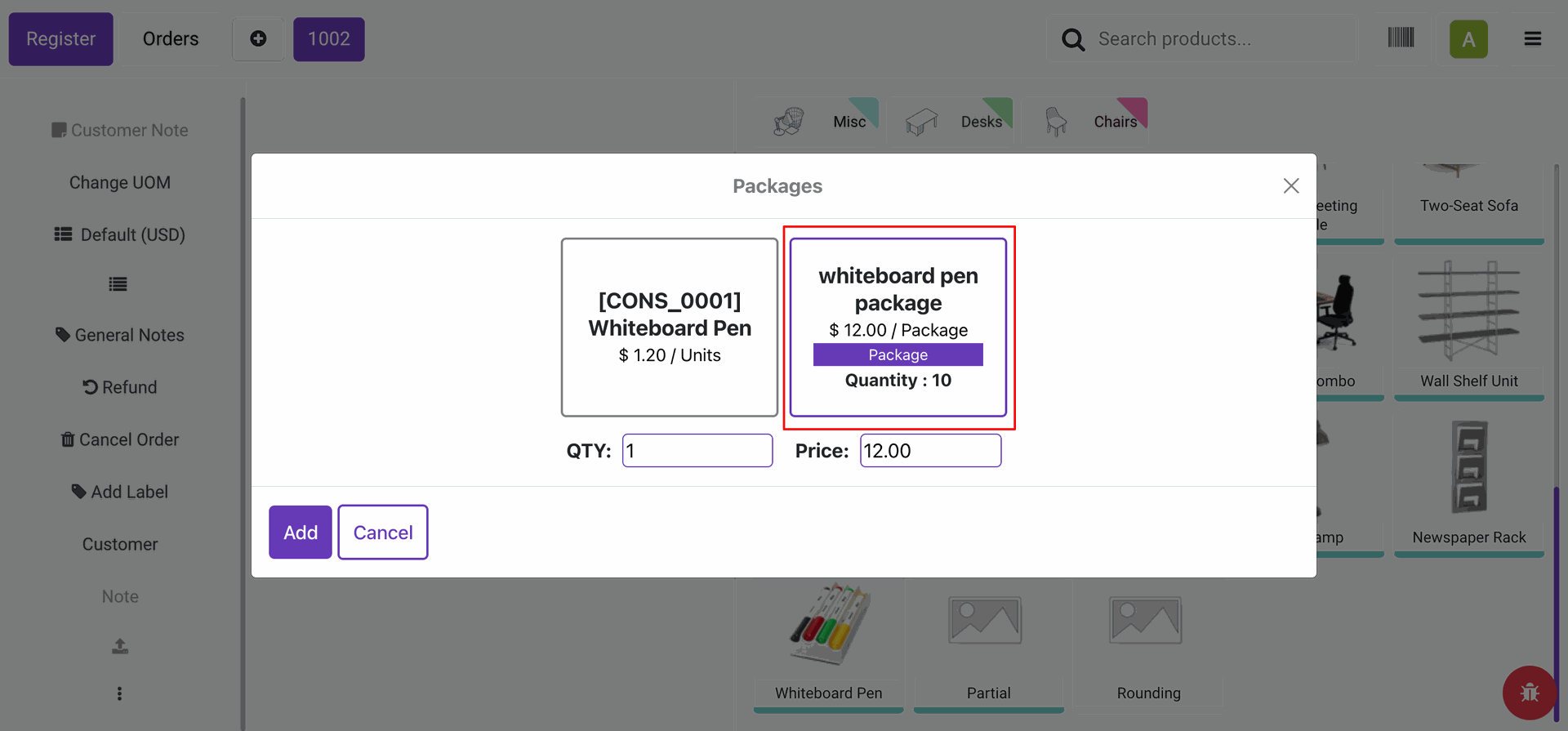 Select package quantity and price 