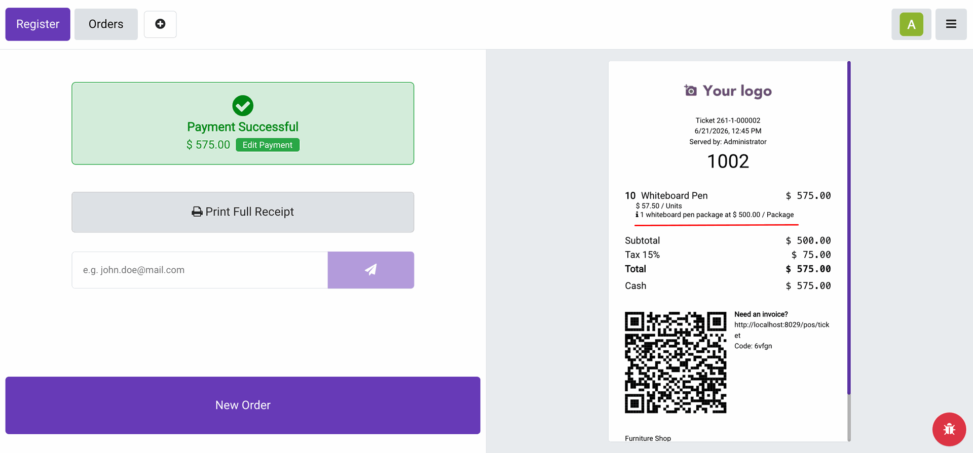 Package details shown on receipt 