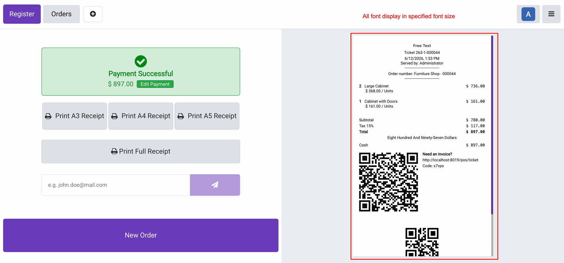Receipt font size updated