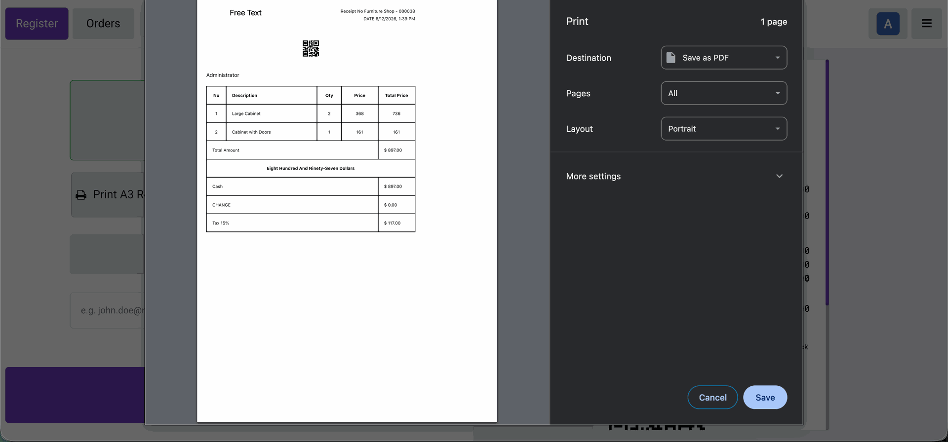 Receipt size is set to A5