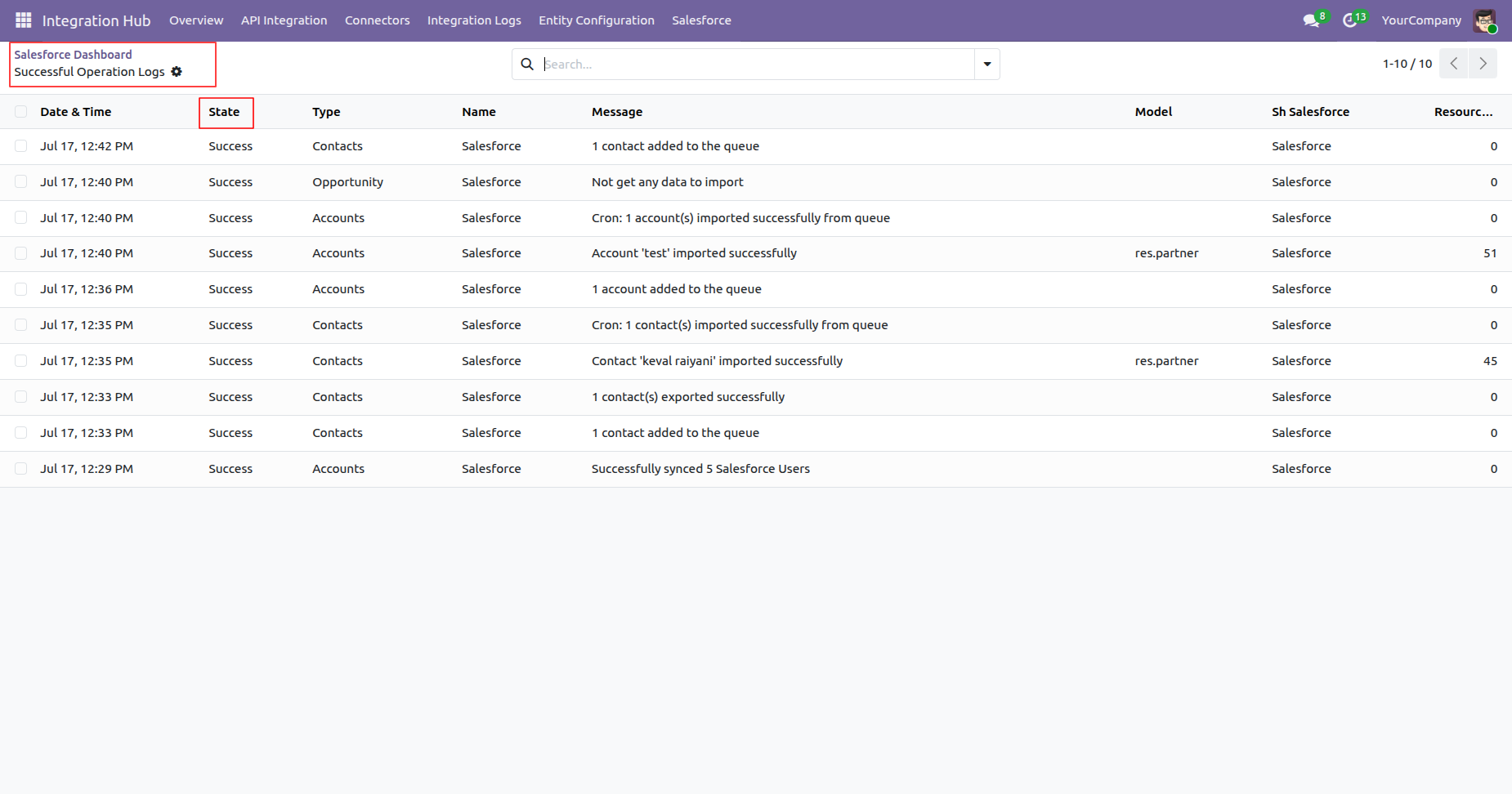 Salesforce successful operation logs