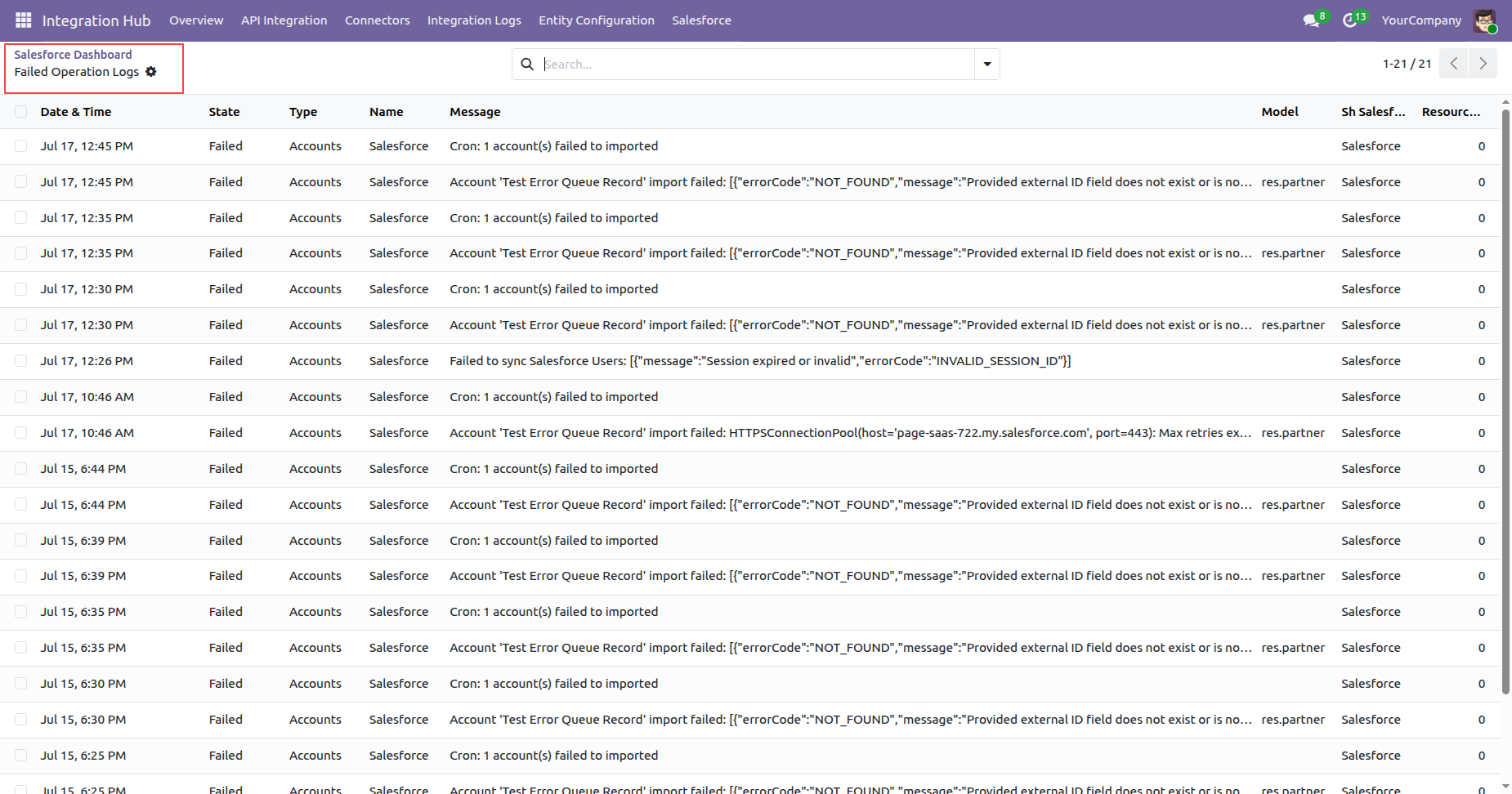 Salesforce failed operation logs