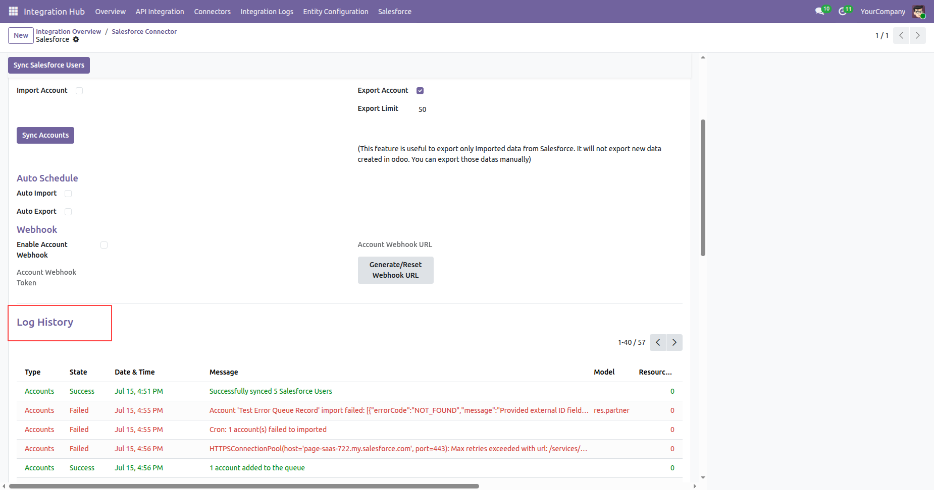 Salesforce synchronization log history