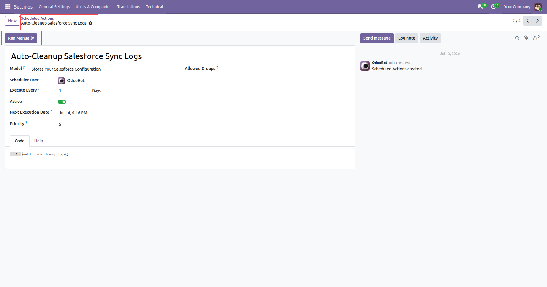 Salesforce log cleanup scheduled action