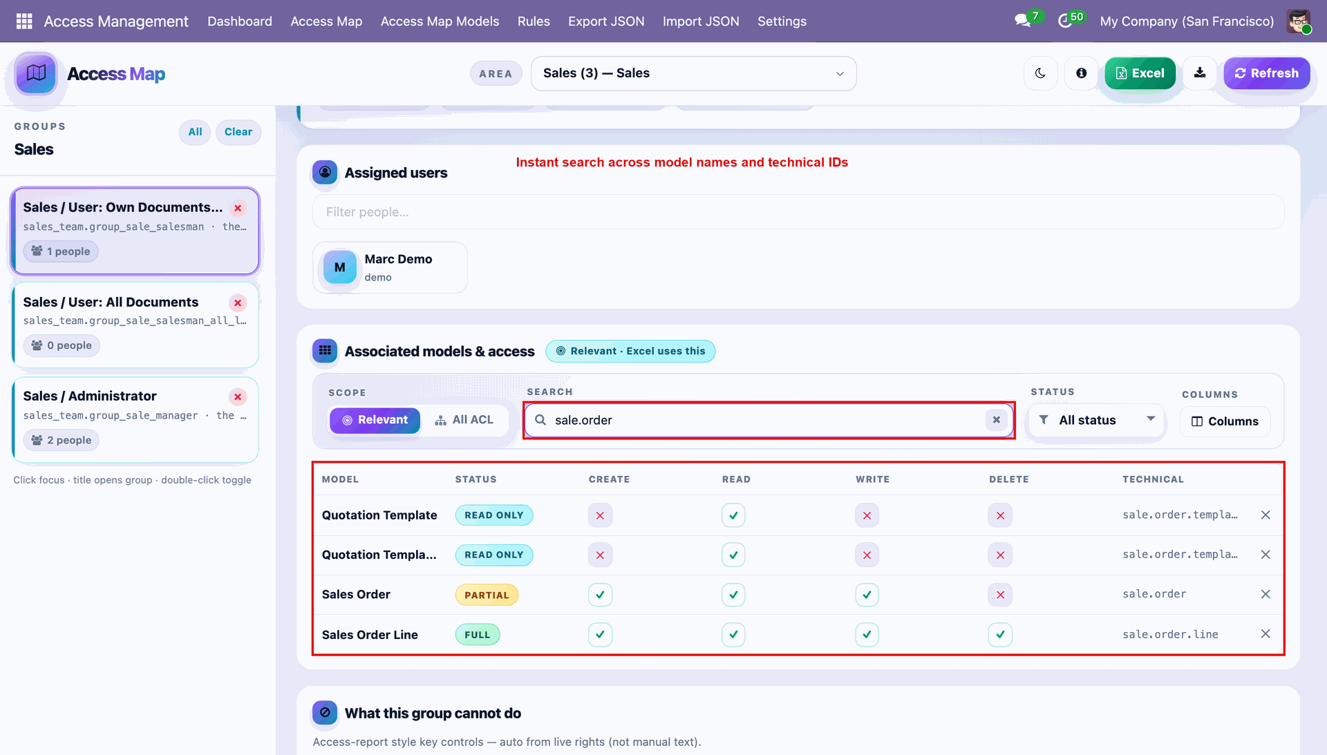 Search associated models by name or technical ID