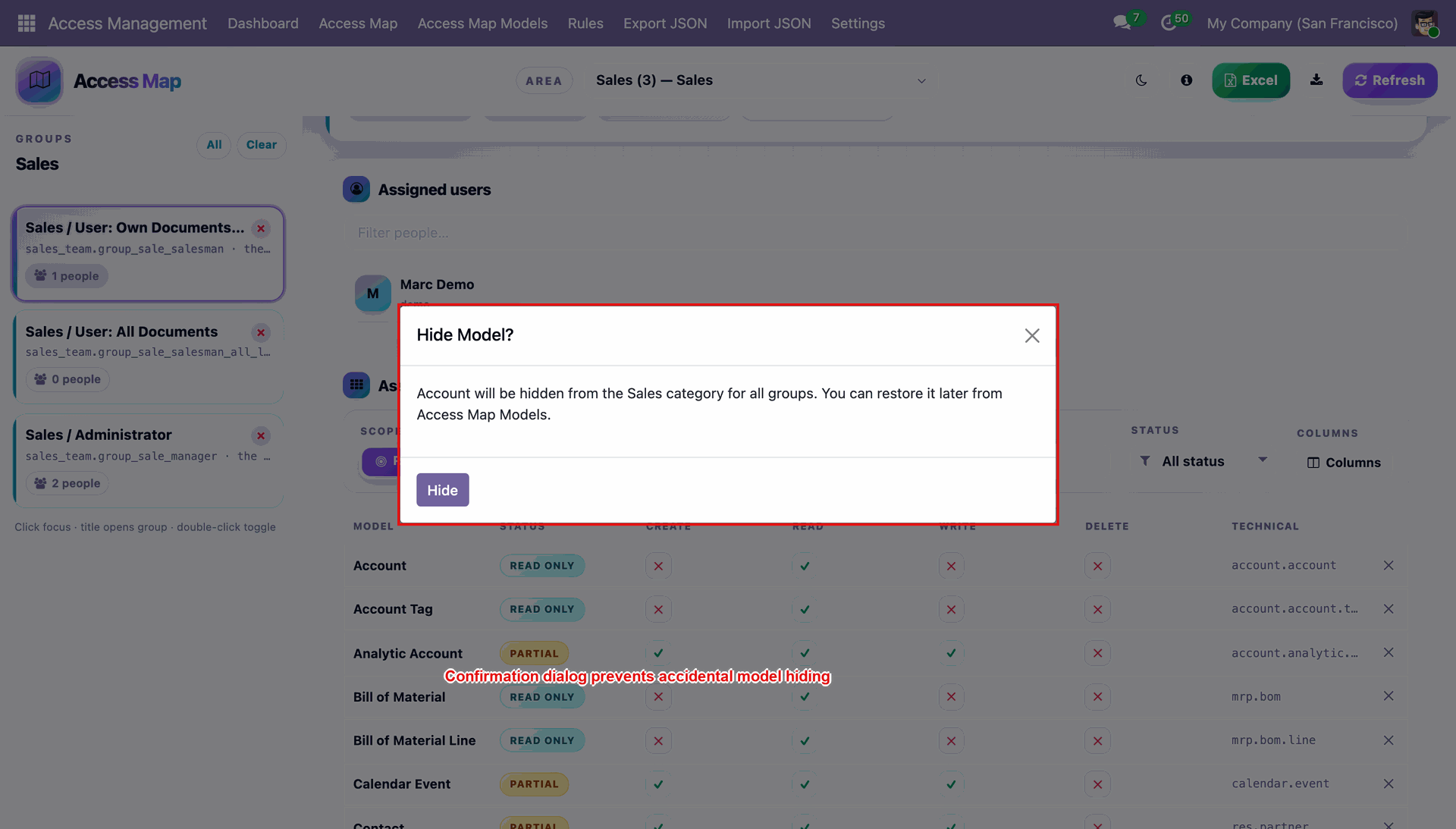 Confirm the Hide Model dialog to remove a model