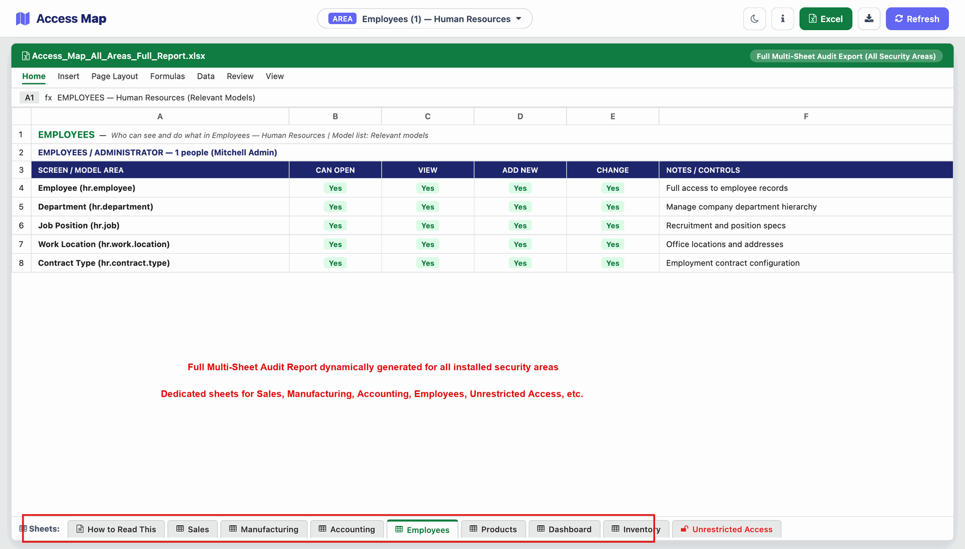 generated multi-sheet Excel workbook