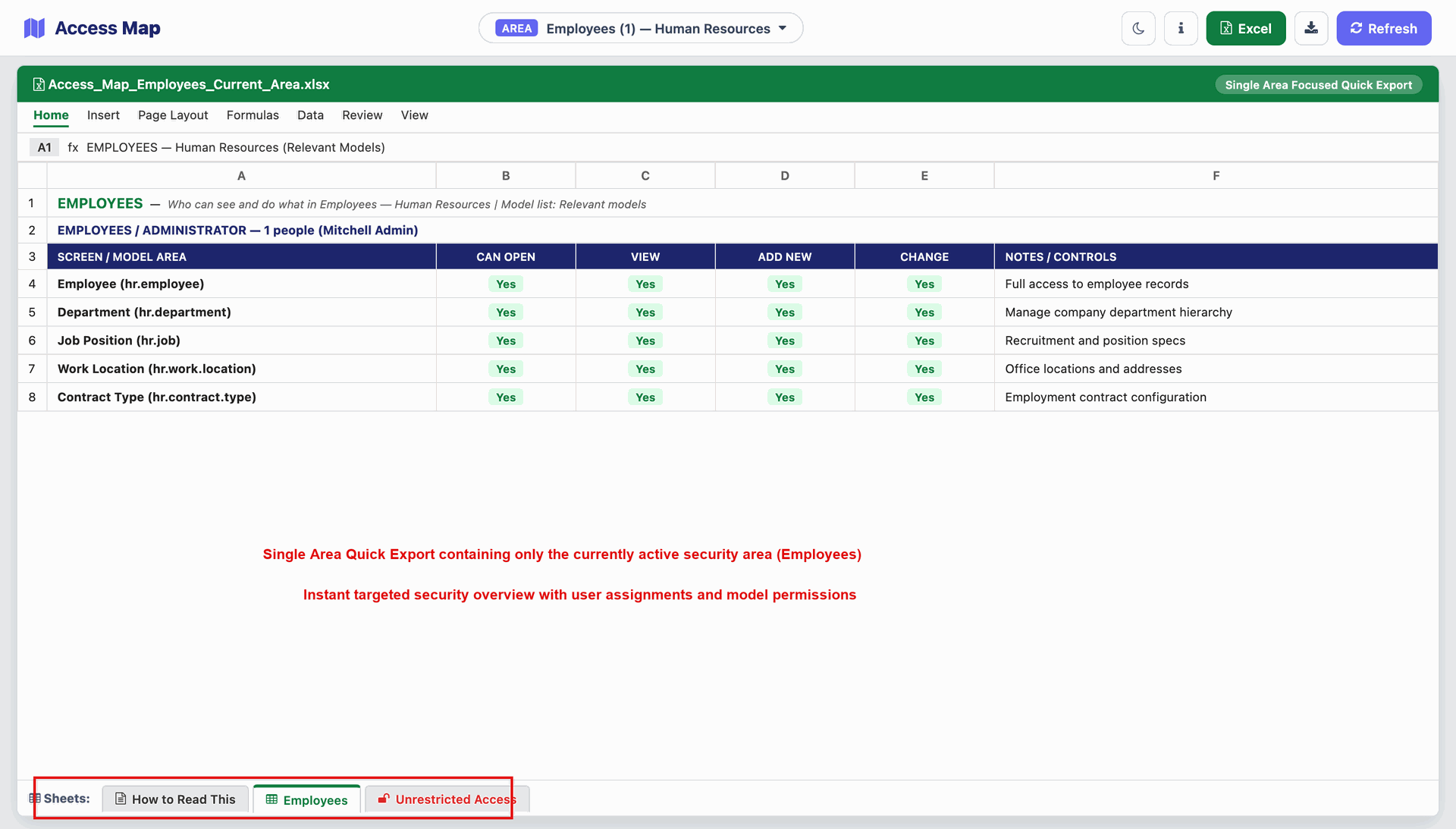 workbook includes the active Area sheet