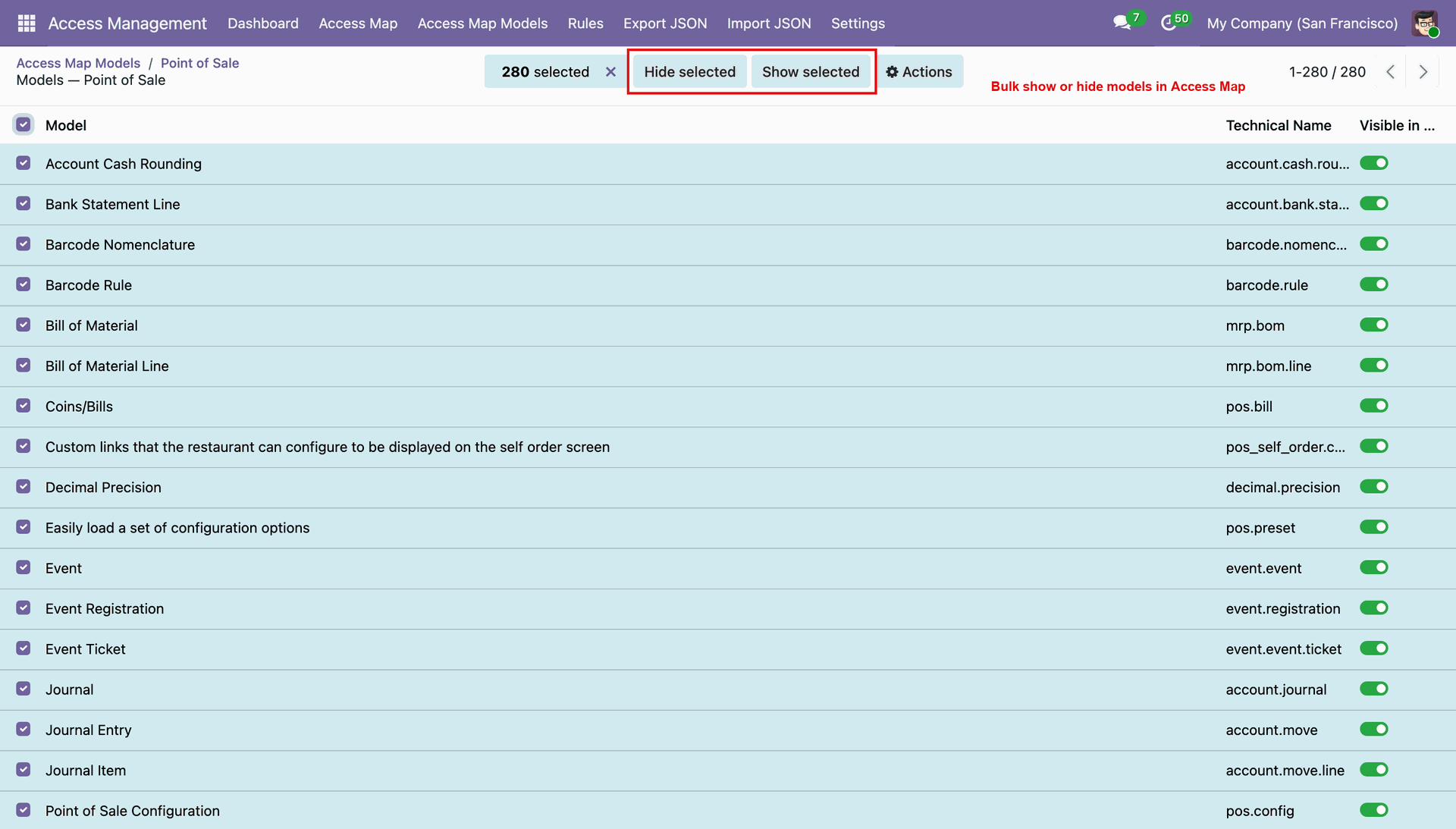 Select multiple models to bulk toggle visibility