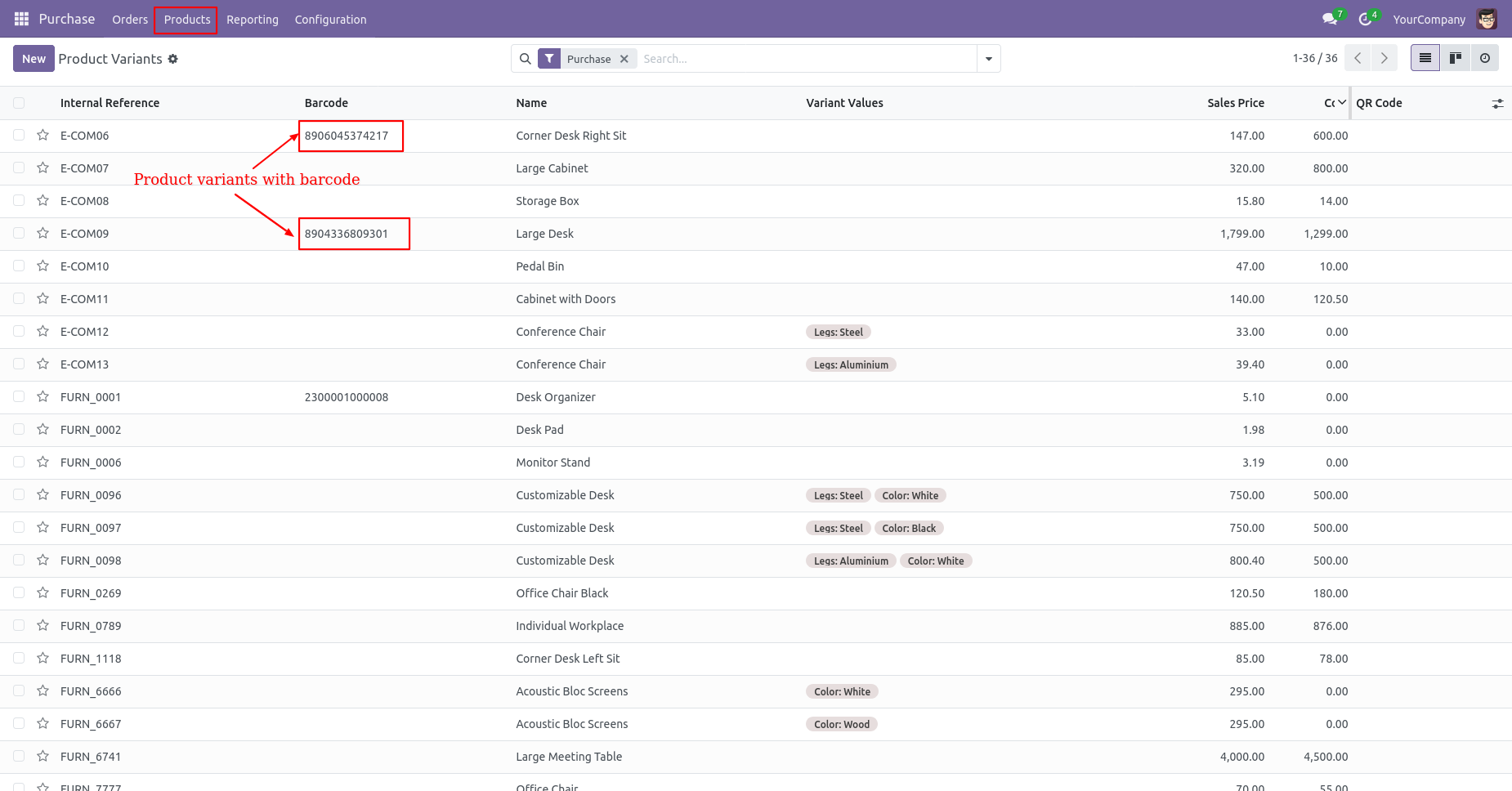 Purchase product variants list with EAN-13 barcode numbers
