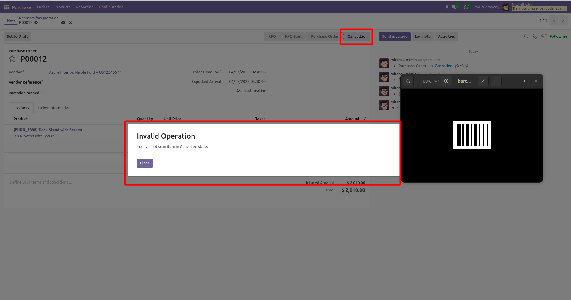Invalid Operation error for scanning on a cancelled purchase order