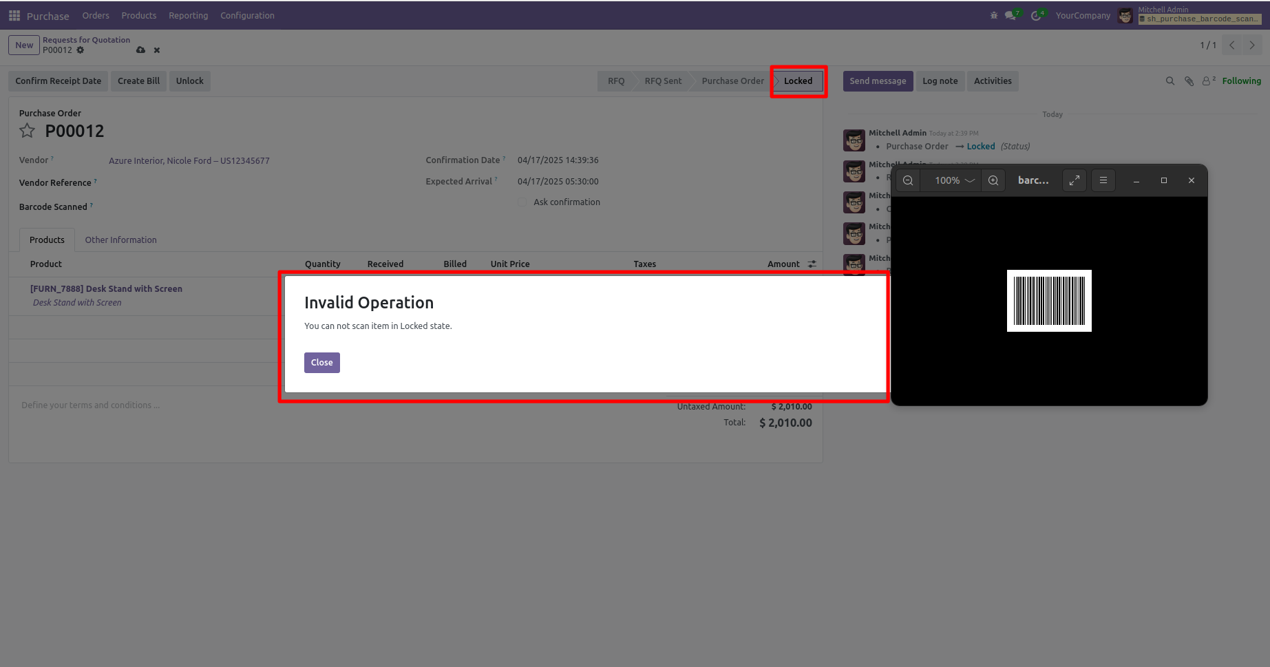 Scan not allowed on a locked purchase order