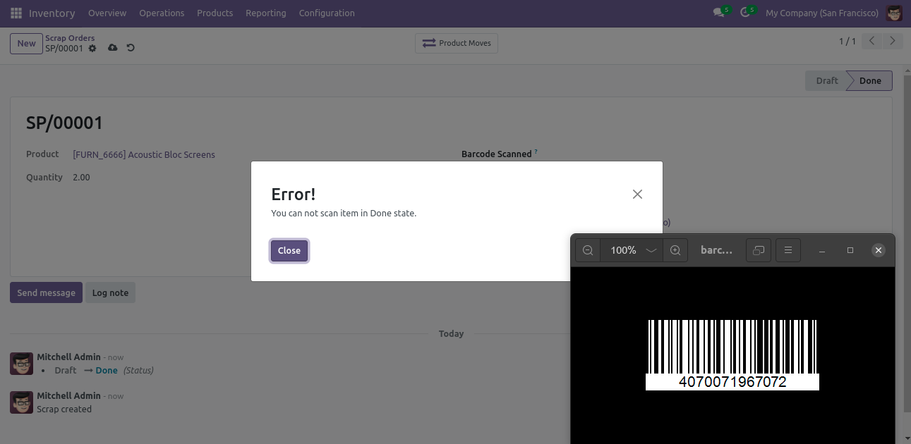 Scan not allowed on a completed scrap order