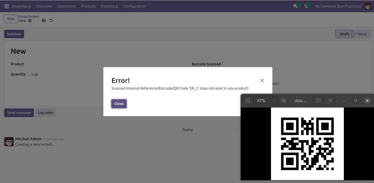 Error shown when scanned QR code doesn't match any product