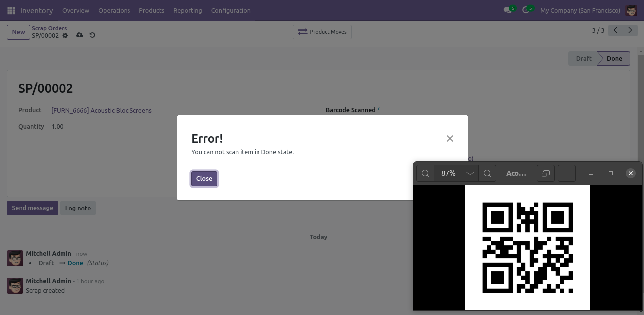Scan not allowed on a completed scrap order