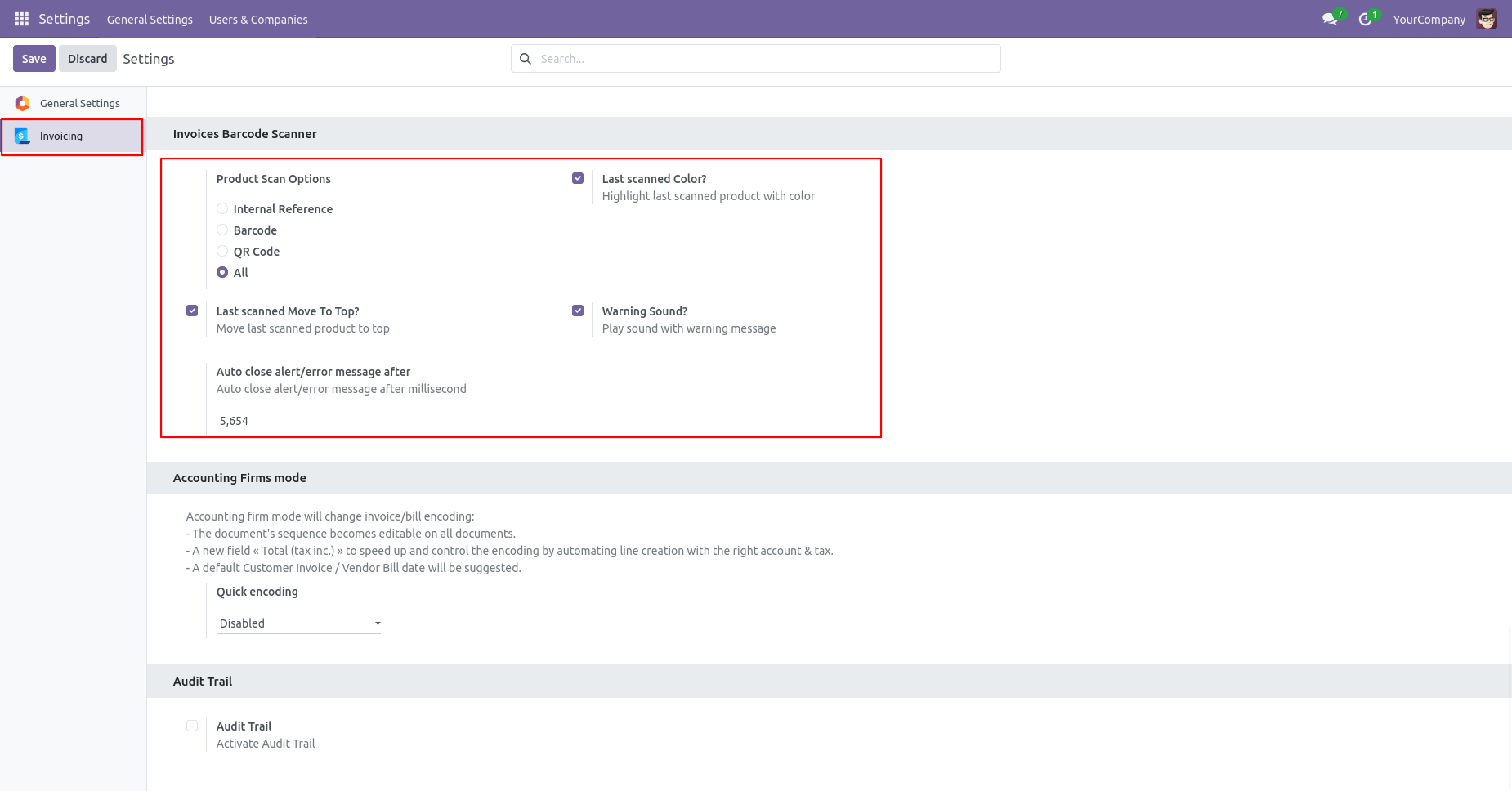 Invoice settings to scan products by barcode, QR code, or reference