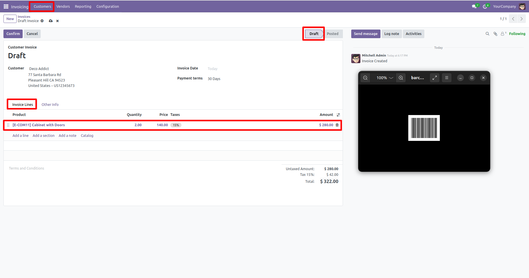 Barcode scan adds product to draft customer invoice