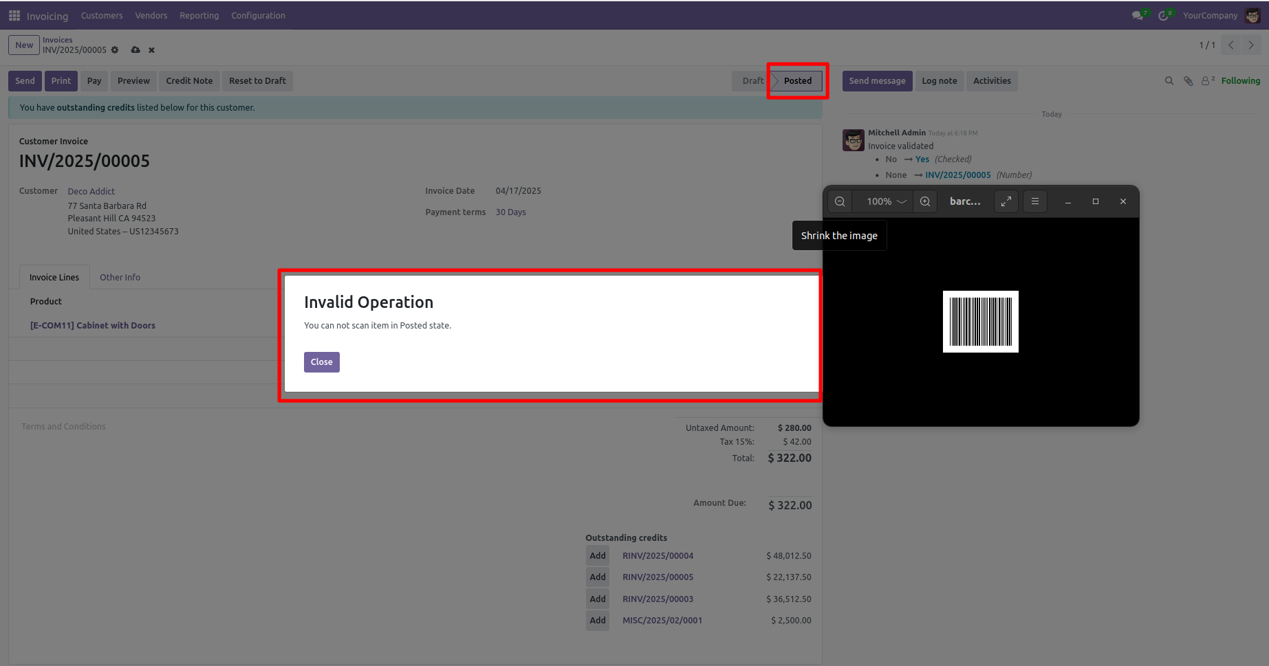 Scan not allowed on an invoice that isn't posted