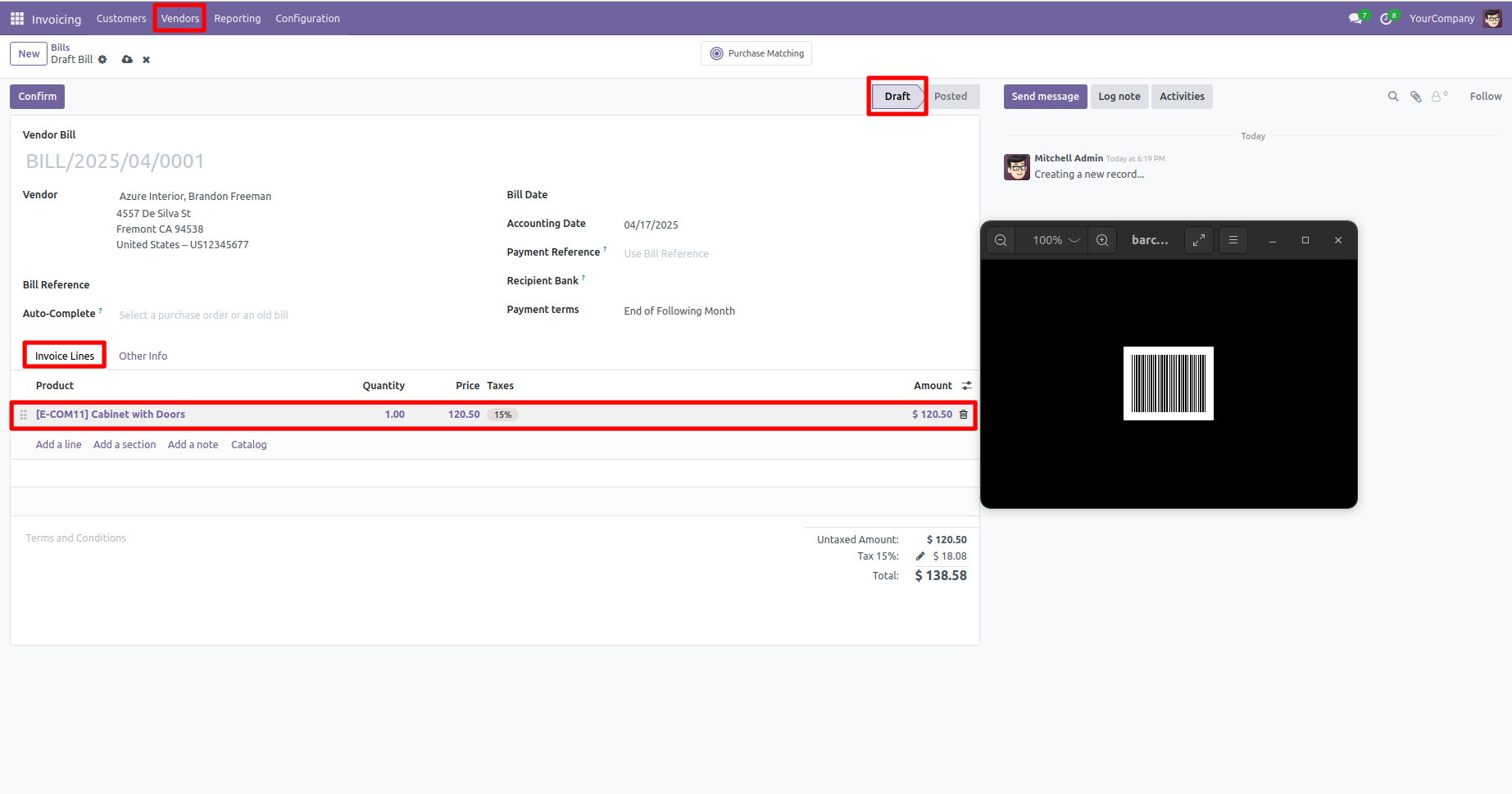 Barcode scan adds product to a draft vendor bill
