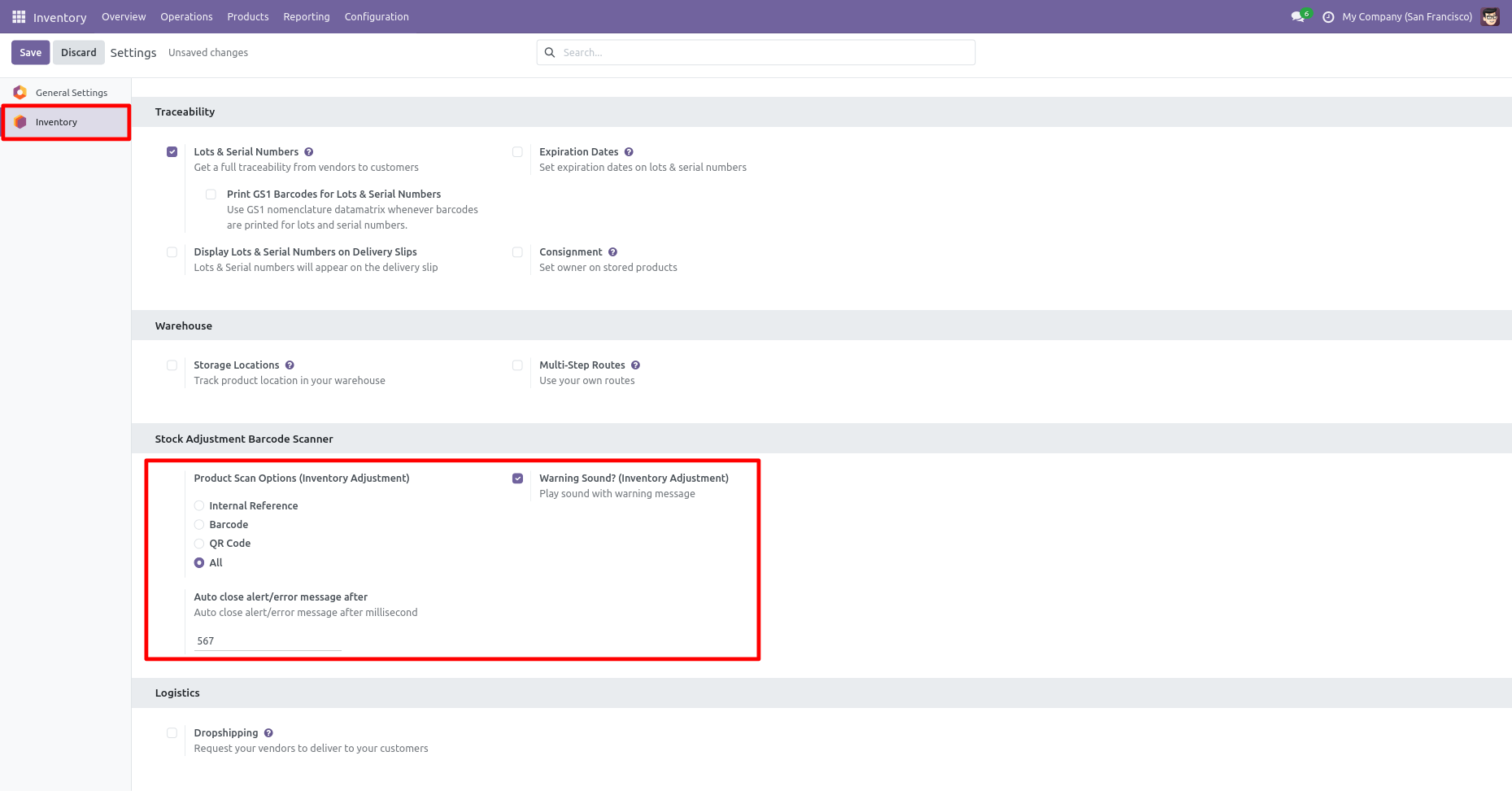 Inventory settings to scan products by barcode, QR code, or reference for stock adjustment