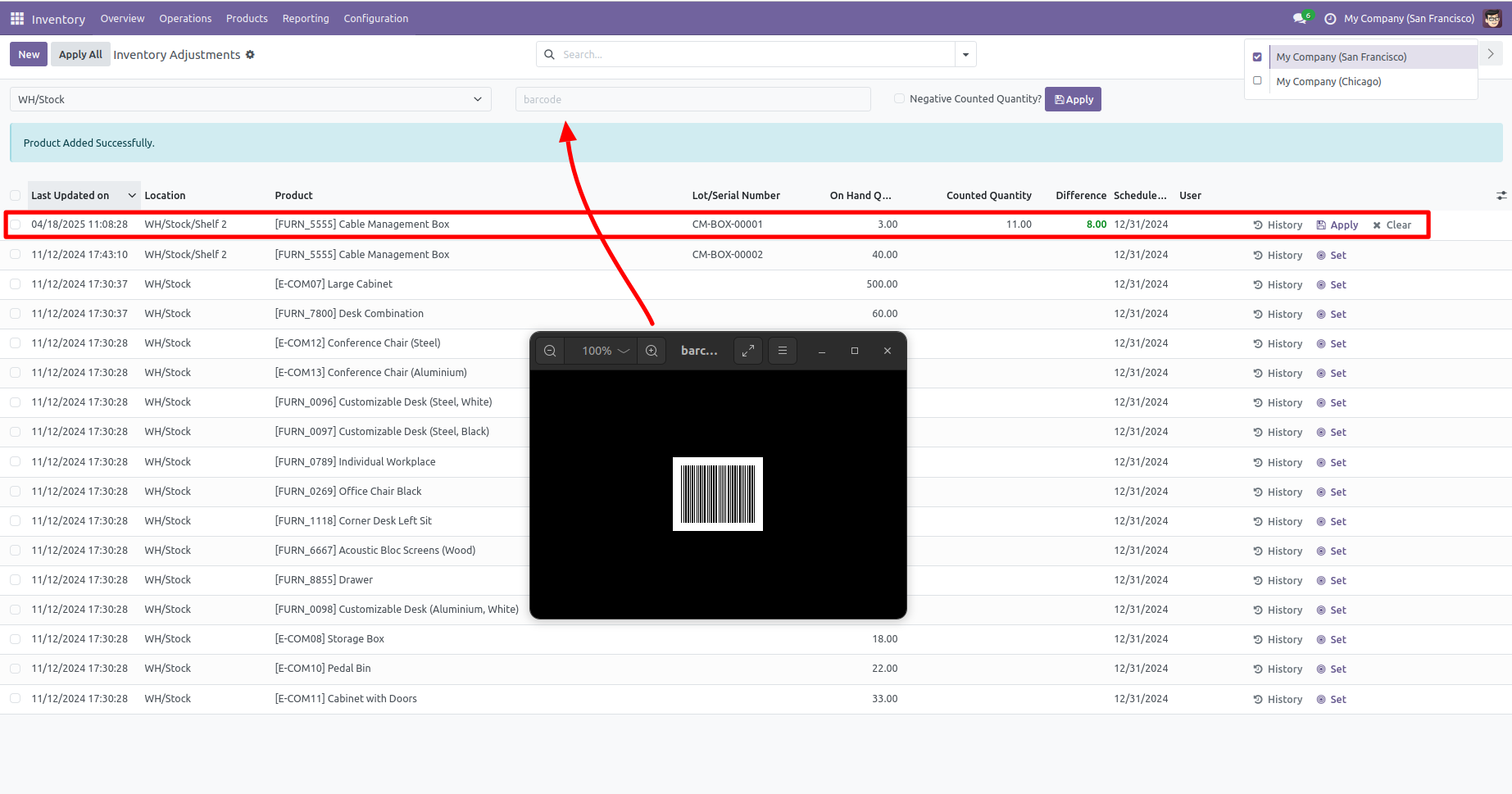 Scanning barcode increases counted quantity by 1