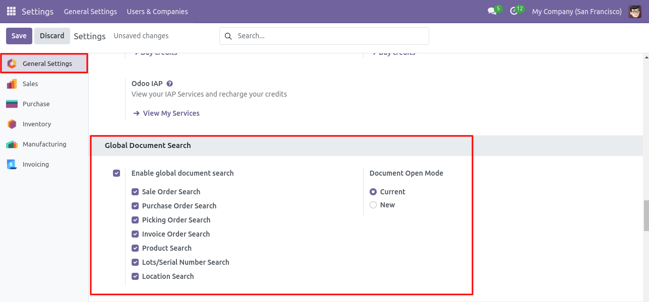 Settings to enable global document search across sales, purchase, and inventory