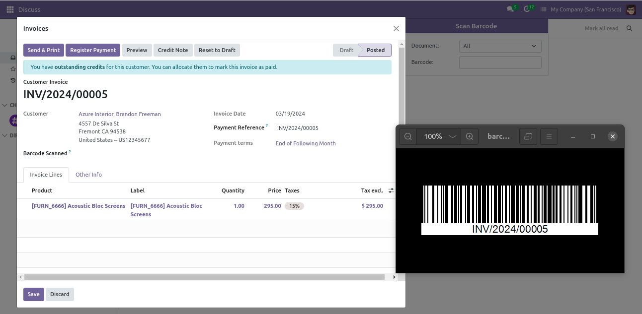 Scanning barcode opens matching customer invoice