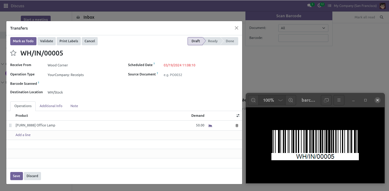 Scanning barcode opens matching transfer order