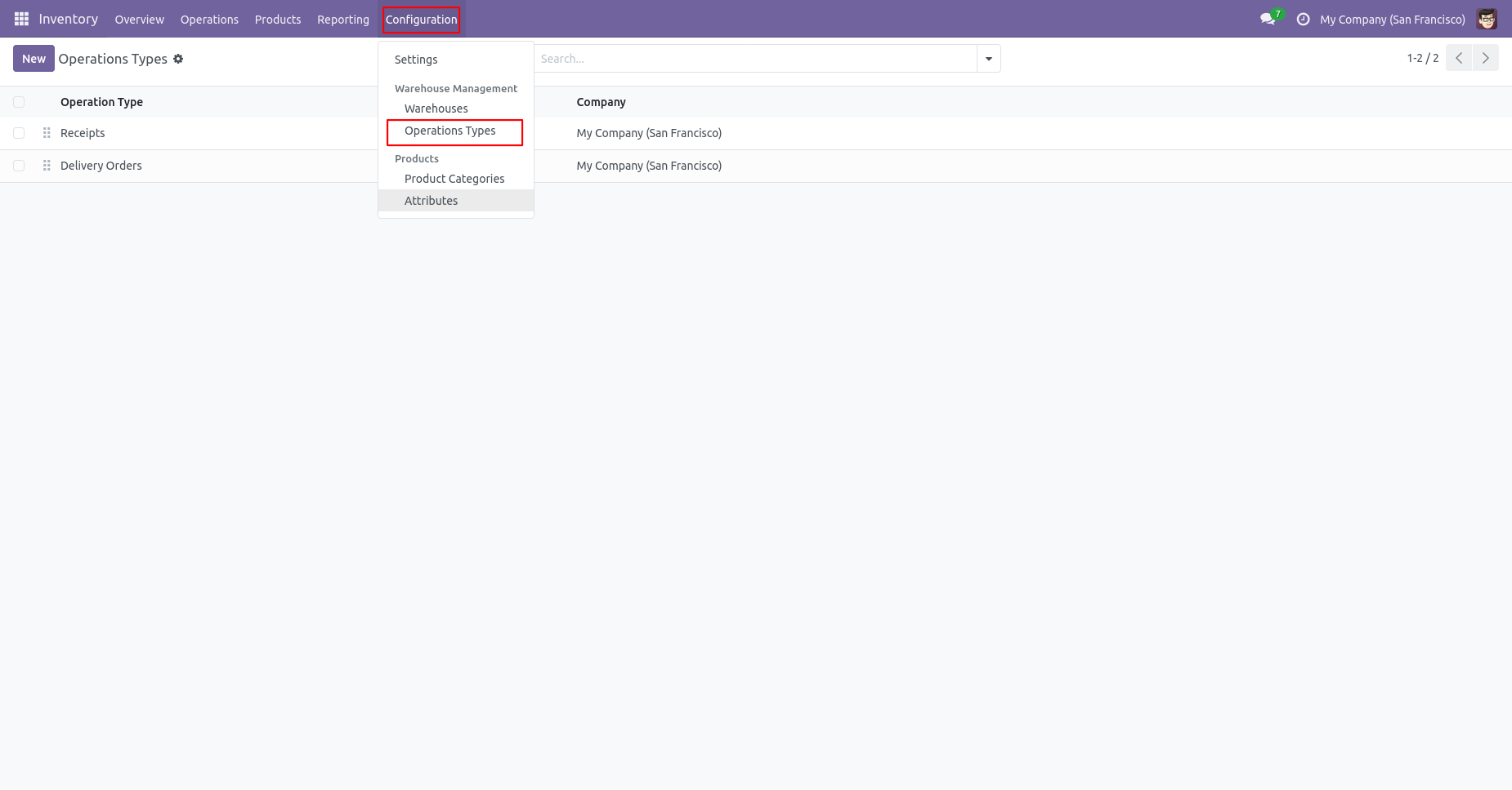 Navigating to Operation Types in Inventory configuration