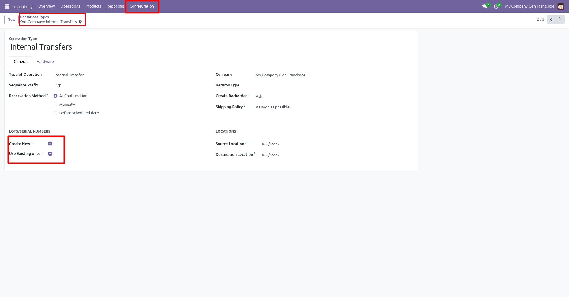 Internal transfer settings for creating or using existing lot numbers