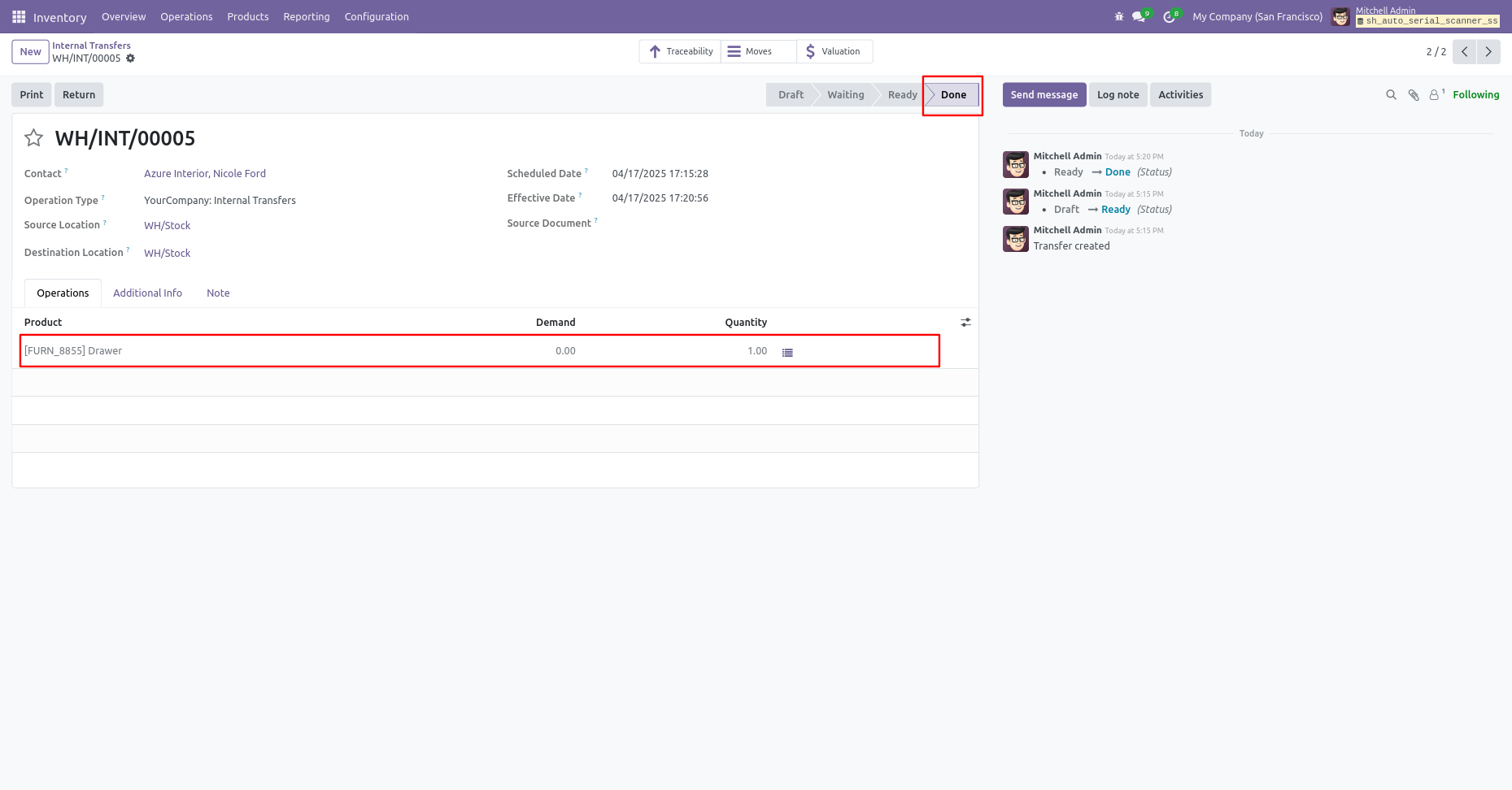 Internal transfer moved to Done state after validation