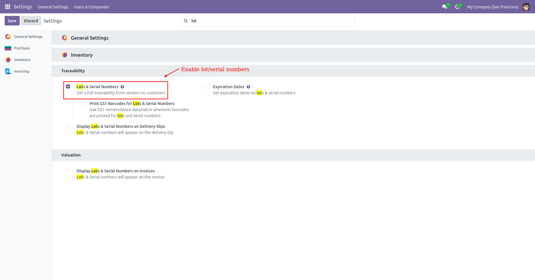 Setting to enable lots and serial number tracking