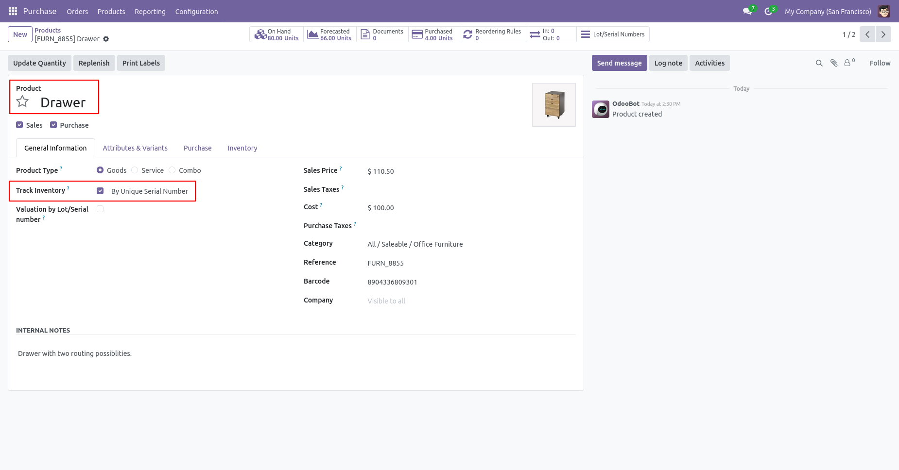 Product configured to track inventory by unique serial number