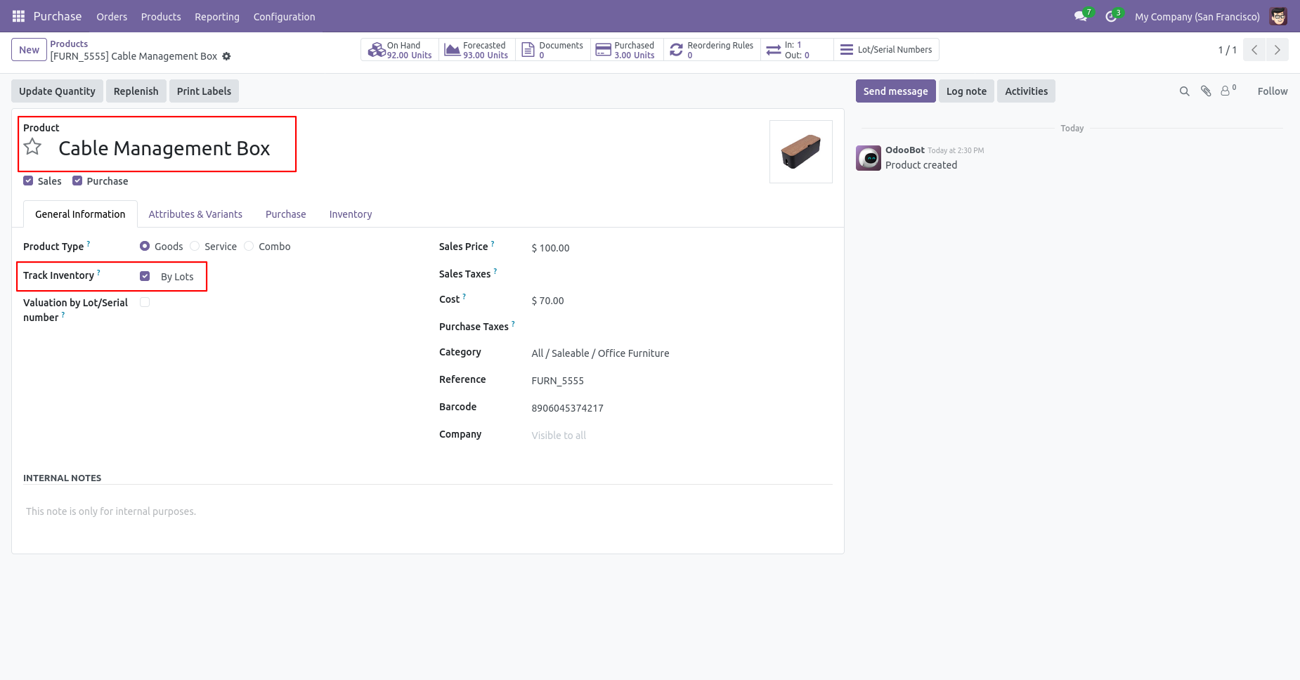 Product configured to track inventory by lots
