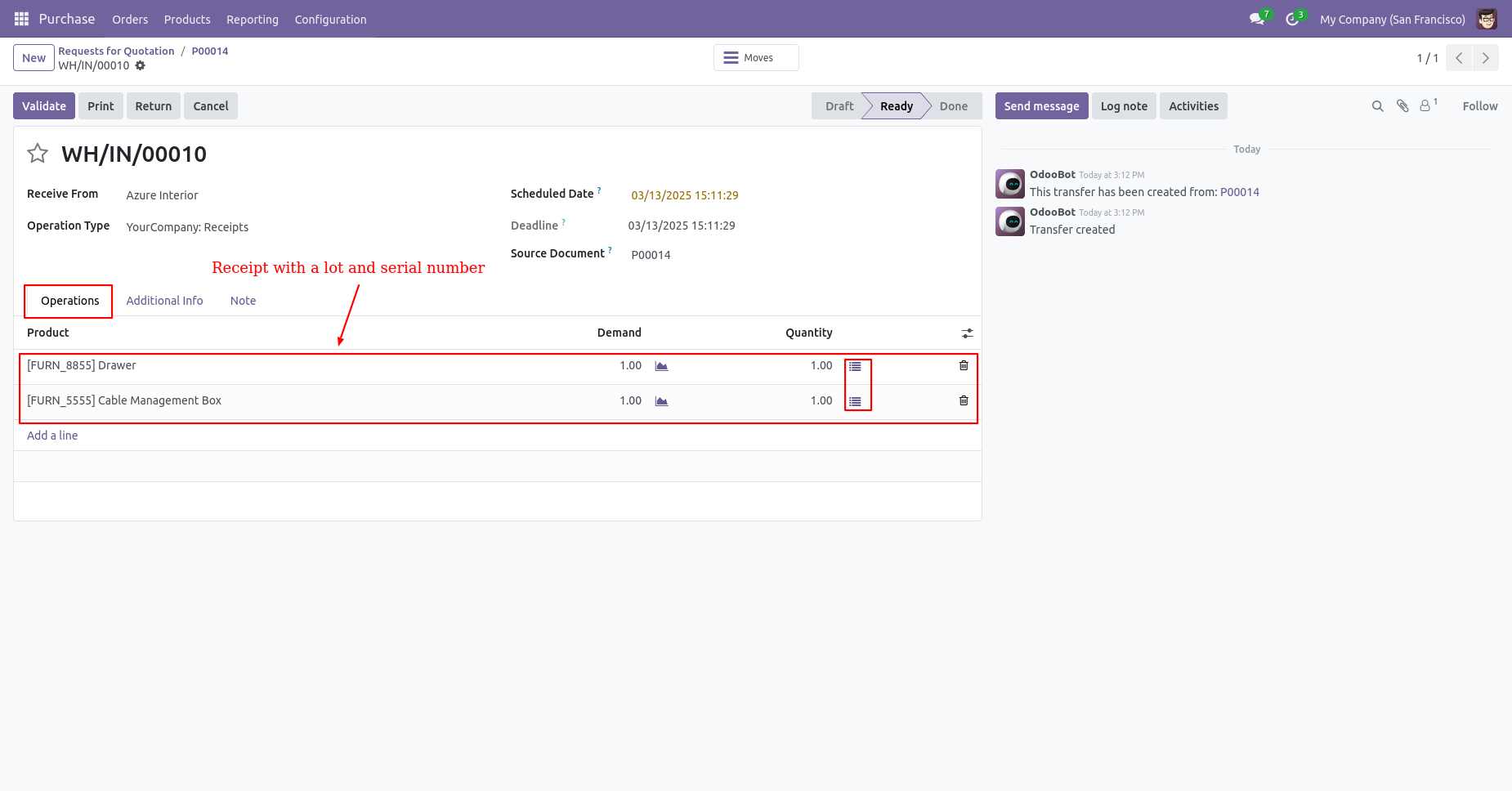 Receipt showing product with lot and serial number tracking