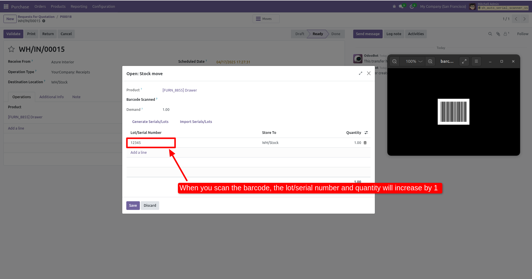 Scanning barcode adds or increments a lot number entry