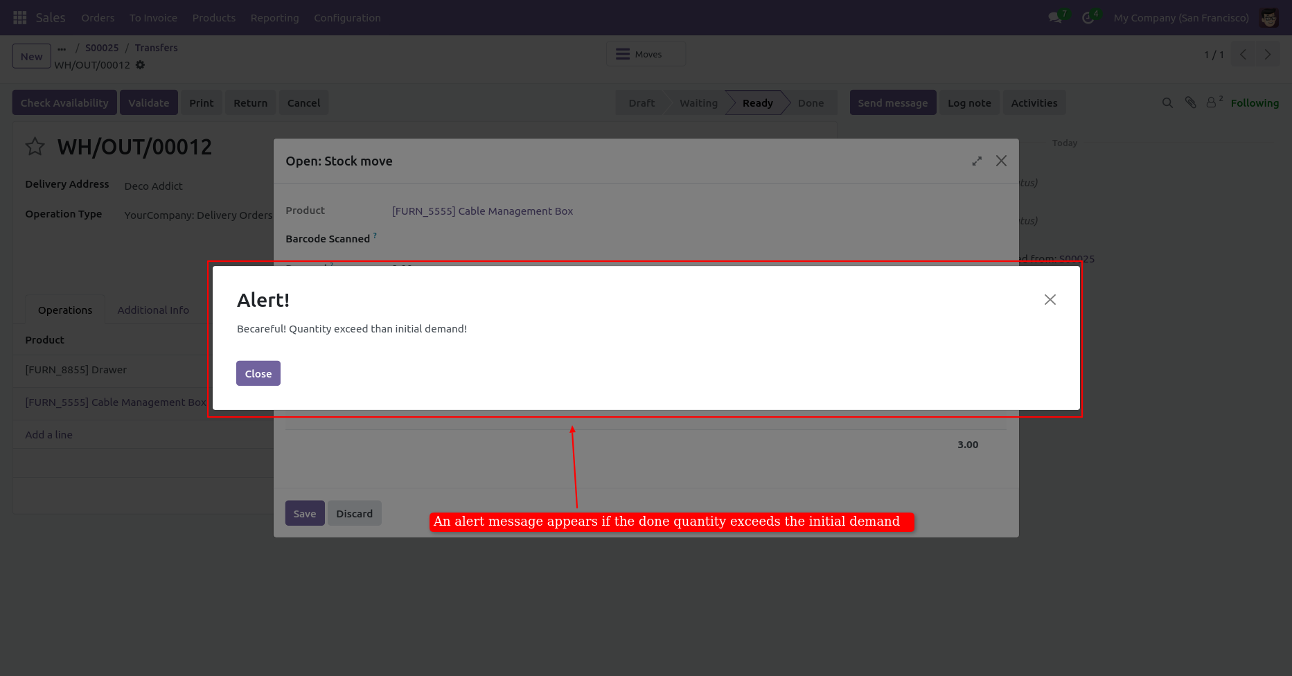 Alert shown when scanned quantity exceeds initial demand